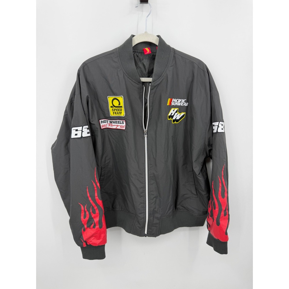 Hot Wheels Racing Bomber Jacket Men Small Grey Flame Graphic Pacific Sunwear S